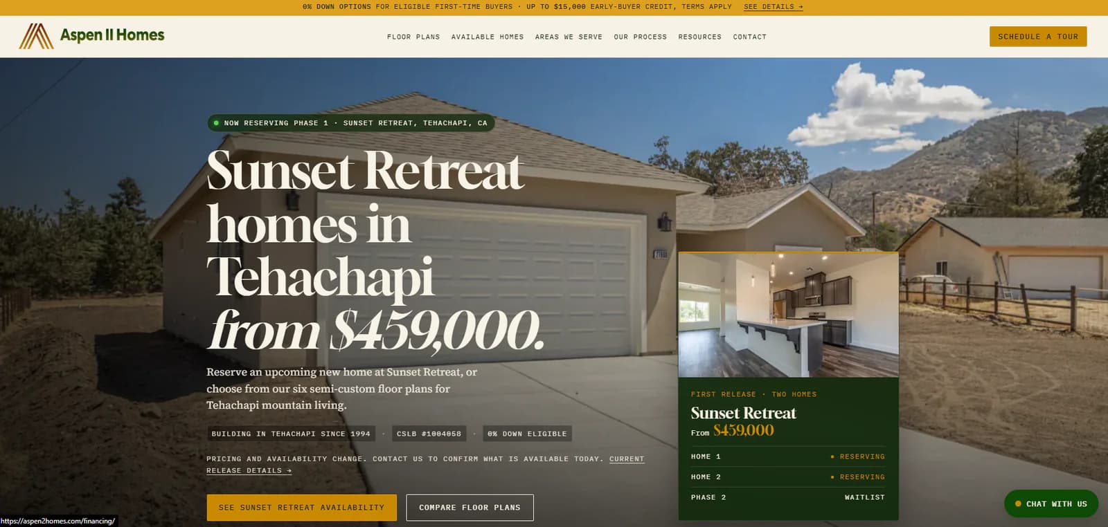 Aspen II Homes homepage featuring Sunset Retreat in Tehachapi