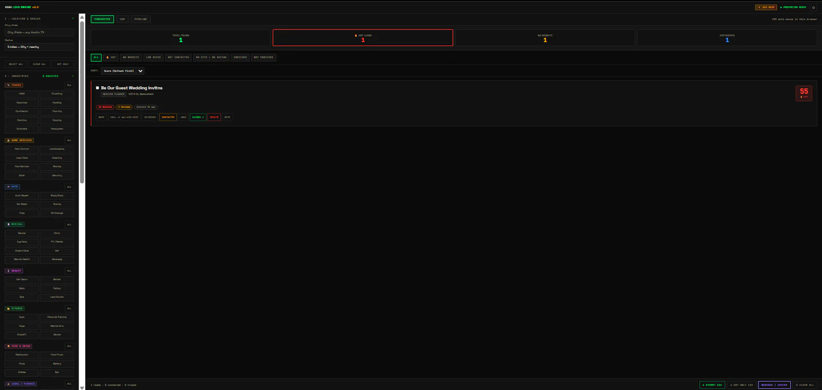 COAI Lead Engine dashboard showing prospect filters, lead scores, and local business results