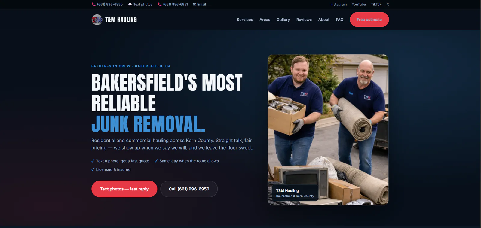 T&M Hauling homepage showing the Bakersfield father-and-son crew